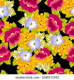 abstract floral seamless pattern on black background. For your design of postcards, greeting cards, invitations for birthday, wedding, party, Valentine's day. Vector illustration.