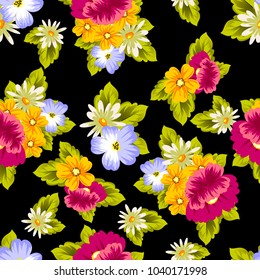 abstract floral seamless pattern on black background. For your design of postcards, greeting cards, invitations for birthday, wedding, party, Valentine's day. Vector illustration.
