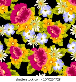 abstract floral seamless pattern on black background. For your design of postcards, greeting cards, invitations for birthday, wedding, party, Valentine's day. Vector illustration.