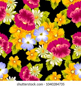 abstract floral seamless pattern on black background. For your design of postcards, greeting cards, invitations for birthday, wedding, party, Valentine's day. Vector illustration.