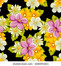 abstract floral seamless pattern on black background. For your design of postcards, greeting cards, invitations for birthday, wedding, party, Valentine's day. Vector illustration.