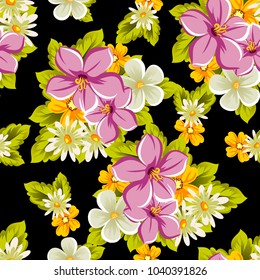 abstract floral seamless pattern on black background. For your design of postcards, greeting cards, invitations for birthday, wedding, party, Valentine's day. Vector illustration.