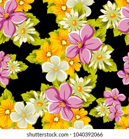 abstract floral seamless pattern on black background. For your design of postcards, greeting cards, invitations for birthday, wedding, party, Valentine's day. Vector illustration.