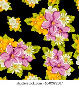 abstract floral seamless pattern on black background. For your design of postcards, greeting cards, invitations for birthday, wedding, party, Valentine's day. Vector illustration.