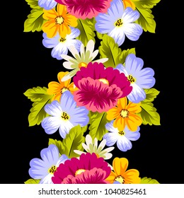 abstract floral seamless pattern on black background. For your design of postcards, greeting cards, invitations for birthday, wedding, party, Valentine's day. Vector illustration.