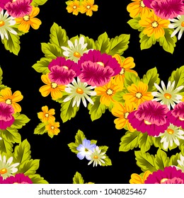 abstract floral seamless pattern on black background. For your design of postcards, greeting cards, invitations for birthday, wedding, party, Valentine's day. Vector illustration.