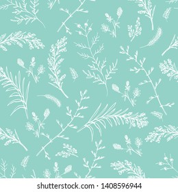 Abstract floral seamless pattern on green background. Small wildflowers and spikelets. For fabric, background or wrapping paper, white lineart. Vector illustration