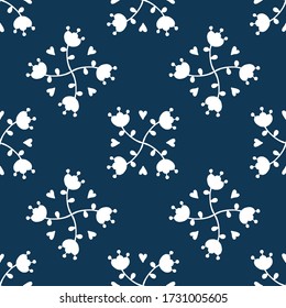 Abstract floral seamless pattern on blue background.Scandinavian and folk design.vector illustration with white flowers.Flat style. Design of fabric, packaging and branding.minimalism.