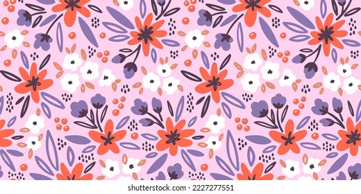 Abstract floral seamless pattern on a pink background. Doodle flowers for textile, fabric, cloth, paper or interior design. Vector illustration.