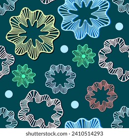 Abstraktes, florales nahtloses Muster auf grünem Hintergrund abstrakte, mehrfarbige gemusterte Flecken. Vektorgrafik.