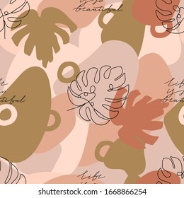 Abstract floral seamless pattern. One line monstera leaves various form, calligraphy phrase and geometric shape. Texture for textile, packaging, wrapping paper, social media post etc. Vector.