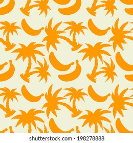 Abstract floral seamless pattern with orange silhouettes tropical coconut palm trees and bananas on a white background. Endless print texture. Rain forest, jungle, fruit - vector
