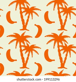 Abstract floral seamless pattern with orange silhouettes tropical coconut palm trees and bananas on a white background. Endless print texture. Fabric design. Wallpaper - vector 
