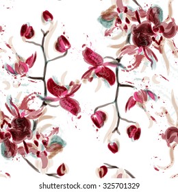 Patrón sin fisuras de flores abstractas con flores de orquídeas pintadas en forma de acuarela por puntos