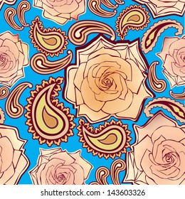 Abstract floral seamless pattern. Oriental asian lightning ornament. Colorful flower rose background