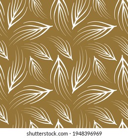 Abstract floral seamless pattern with outline white leaves on golden background. Vector illustration.