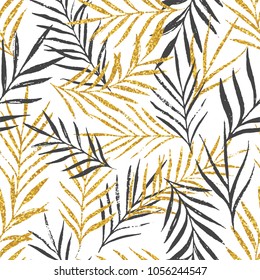Diseño abstracto de floral sin costuras con hojas de palma, textura de oro de moda. Diseño de papel de fondo, textil o envolvente. Ilustración del vector