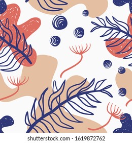 Abstract floral seamless pattern. Pastel colors scandinavian drawing style with botanical elements. Texture of ink hand drawn. Great for fabric, textile. Vector background.