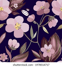 Abstract floral seamless pattern. Pastel pink colors, painting on a dark blue background. Trendy cherry blossoms print, texture.