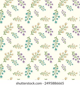 Abstract floral seamless pattern with pastel colors little flowers and leaves on a light skin background.