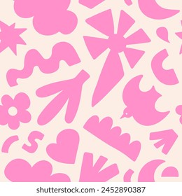 Abstractas patrón floral sin costuras con Formas orgánicas rosas. Figuras al azar de moda aisladas sobre un fondo blanco. Fondo de primavera. Ilustración vectorial