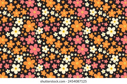 Abstract floral seamless pattern with pink, orange and cream colored flowers in flat style. Botanical vector illustration, design for fabric, template for gift paper, decorative packaging