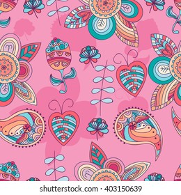 Abstract floral seamless pattern. Pink-blue flowers background texture.