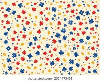 Abstract Floral Seamless Pattern. Playful Red, Blue, and Yellow Shapes on a Cream Background, Perfect for Fabric Design, Scrapbooking, Digital Art, Wrapping Paper, and DIY Craft Projects