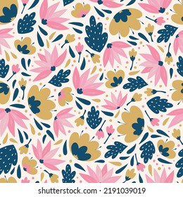 Abstract floral seamless pattern for prints, nursery textile, wallpaper, scrapbooking, stationery, apparel, wrapping paper, etc. Hand drawn flowers decorated with leaves on white background.