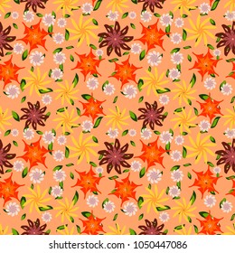 Abstract floral seamless pattern in red, orange and yellow colors. Unusual flowers in chaotic order.  Vector background, backgrop, print for wrapping paper or cloth