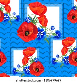 Abstract Floral seamless pattern with red poppies and blue cornflowers.Bright flowers on a white  background.Summer vector illustration. Can be used for print  textile,fabric,wrapping paper.