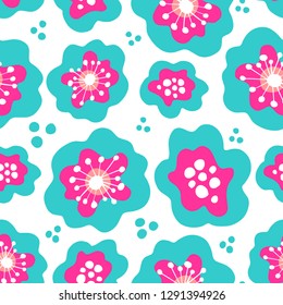 Abstract floral seamless pattern. Red and blue flowerson white background. Can be uset for textile, wallpapers, prints and web design. Vector illustration