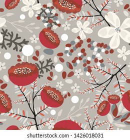 Abstract floral seamless pattern. Red hand-drawn flowers and leaves on a light brown (cream) color background. Elegant template for fashion fabrics, prints, Wallpapers, interior design...Vector.