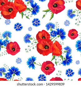 Abstract Floral seamless pattern with red poppies and blue cornflowers.Bright flowers on a white  background.Summer vector illustration. Can be used for print  textile,fabric,wrapping paper.