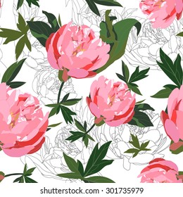 Abstract floral seamless pattern with red and black outline peonies. Vector illustration.