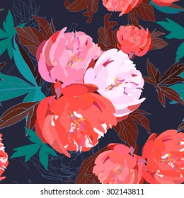 Abstract floral seamless pattern with red peonies. Vector illustration.