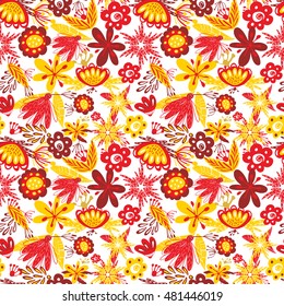 Abstract floral seamless pattern with red and yellow flowers on white background. Autumn colors pattern for print or web design.
