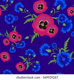 Abstract Floral seamless pattern with red poppies and blue cornflowers.Bright flowers on a dark  background.Summer vector illustration. Can be used for print  textile,fabric,wrapping paper.