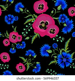 Abstract Floral seamless pattern with red poppies and blue cornflowers.Bright flowers on a black  background.Summer vector illustration. Can be used for print  textile,fabric,wrapping paper.