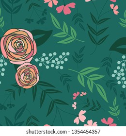 Abstract floral seamless pattern. Repeat pattern with flat cartoon style rose flower without leaf. Great for nature concept of fabric, textile, wrap, wallpaper, and any surface design.