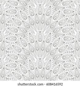 Abstract floral seamless pattern. Repeating oriental ornate background. Beautiful pattern of black and white peacock feather. Textile fashion design. Art deco style. Vector illustration.