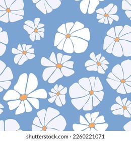 Abstract floral seamless pattern with Retro Groovy Daisy Flower on blue background. Vector Illustration. Aesthetic Modern Art for wallpaper, design, textile, packaging, decor.