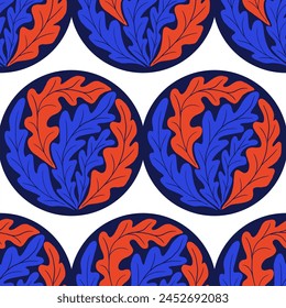Abstract floral seamless pattern with round motive isolated on white background. Flat hand drawn abstract leaves in bright colors. Unique retro print design for textile, wallpaper, interior, wrapping