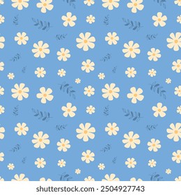 Abstract floral seamless pattern with scattered flowers and leaves. Simple ditsy floral seamless pattern. Vector seamless surface pattern with blue background.