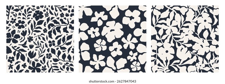 Abstract floral seamless pattern set. Bold modern abstract flower design in seamless format. Great for trendy prints, home textiles, and digital design work. Black and white vector illustration