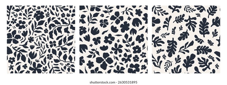 Abstract floral seamless pattern set. Contemporary floral design with black and white flower in a repeatable pattern. Great for wallpaper, apparel, scrapbooking and decor projects. Vector illustration