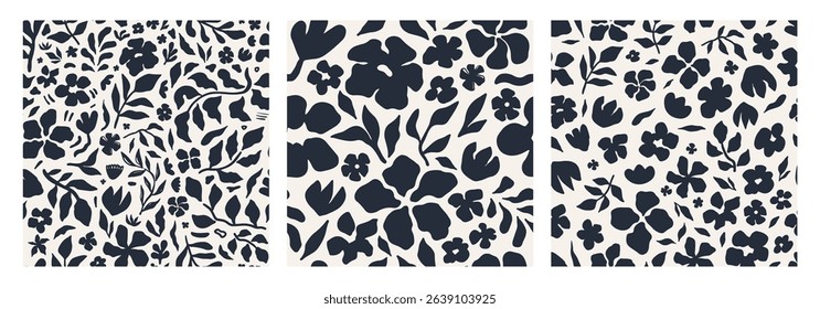 Abstract floral seamless pattern set. Artistic floral repeat pattern with organic simplicity in black and white colors. Suitable for surface design, product packaging, wall prints. Vector illustration
