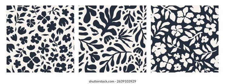 Abstract floral seamless pattern set. Minimalist flower pattern with bold abstract forms. Suitable for wallpaper, fabric, wrapping, and decor design. Vector illustration