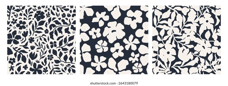 Abstractas conjunto de patrones florales sin costuras con audaces siluetas florales y botánicas en negro y crema. El diseño moderno dibujado a mano es perfecto para textiles, empaques, Fondos de pantalla y proyectos digitales.