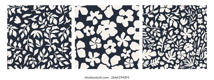 Abstract floral seamless pattern set featuring bold floral and botanical silhouettes in black and cream. Hand-drawn modern design is perfect for textiles, packaging, wallpaper, and digital projects.
